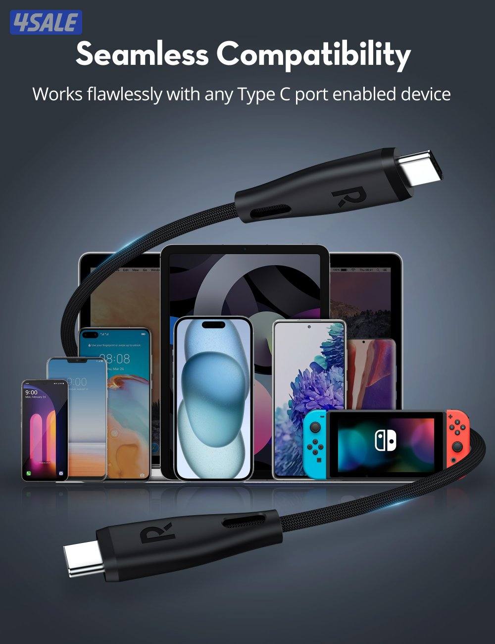 RAVPower RP-CB1037 60W C-C 1.2M USB2.0 3A Cable White0